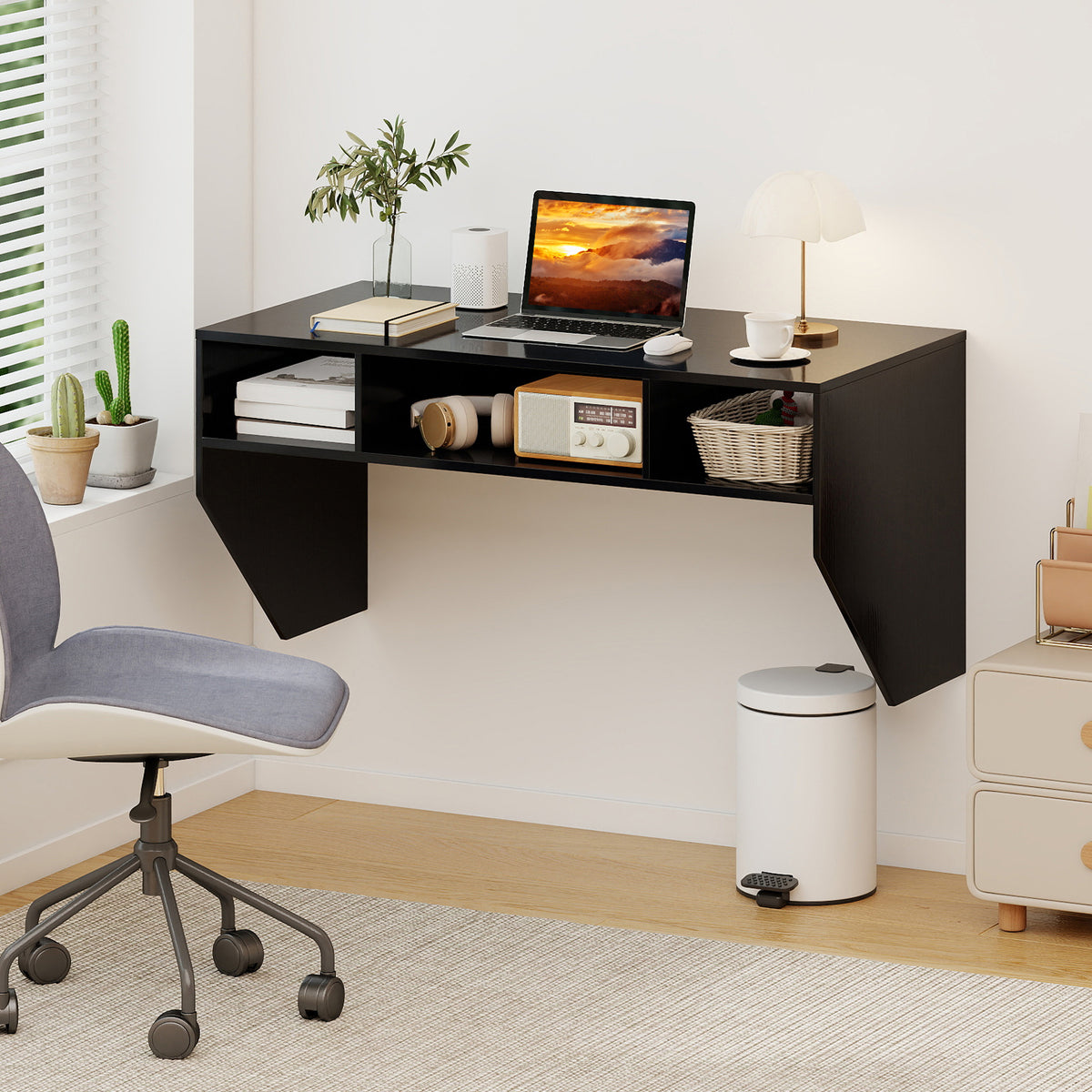 Wall-Mounted Computer Desk, Floating Study Table with Spacious Tabletop and 3 Open Compartments
