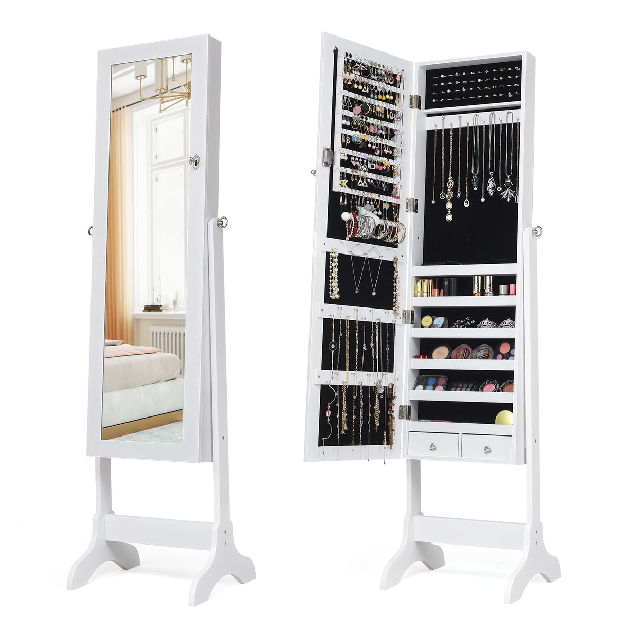 Jewelry Armoire Cabinet Lockable, Free Standing Jewelry Organizer Storage with Mirror