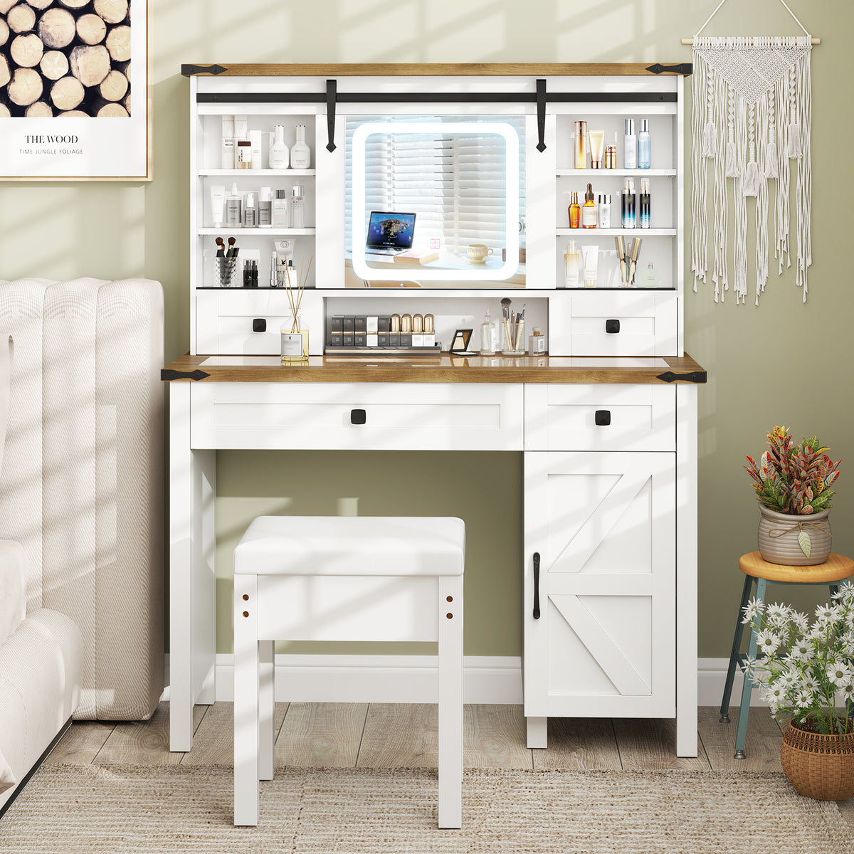 Farmhouse Vanity Desk with Sliding Mirror and Lights, Makeup Vanity Desk Set with Glass Desktop