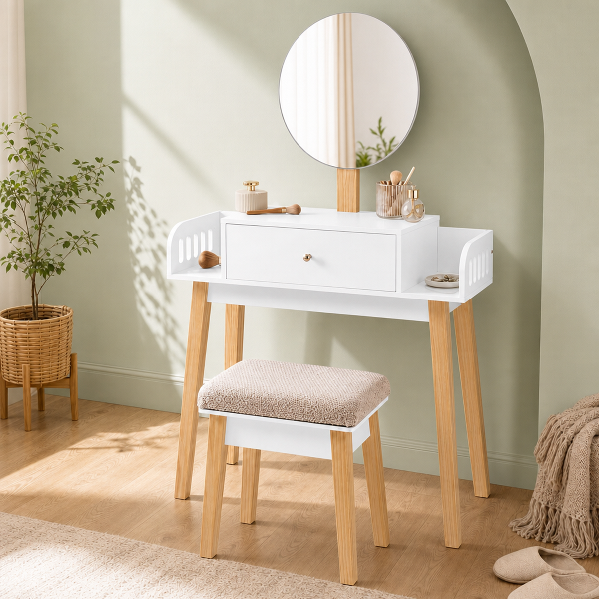 Vanity Dressing Table Set with Cushioned Stool & Height-Adjustable Large Mirror