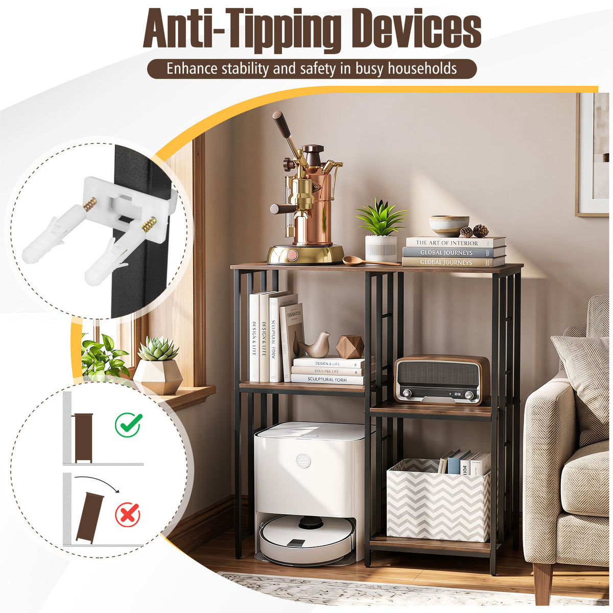 Kitchen Baker's Rack with Robot Vacuum Storage, 4-Tier Microwave Oven Stand Kitchen Utility Storage Organizer Shelf