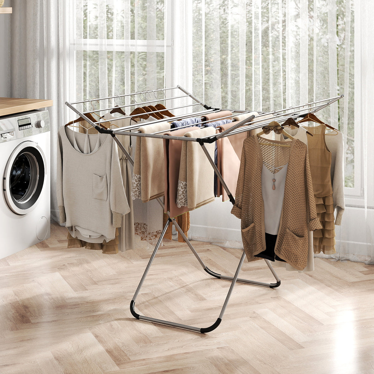 Clothes Drying Rack, Laundry Drying Rack with 2 Foldable Wings, 14 Drying Rods