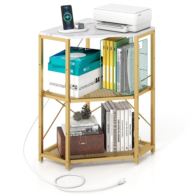 Corner Printer Stand with Charging Station, Freestanding 3-Tier Printer Table with Adjustable Metal Mesh Shelf