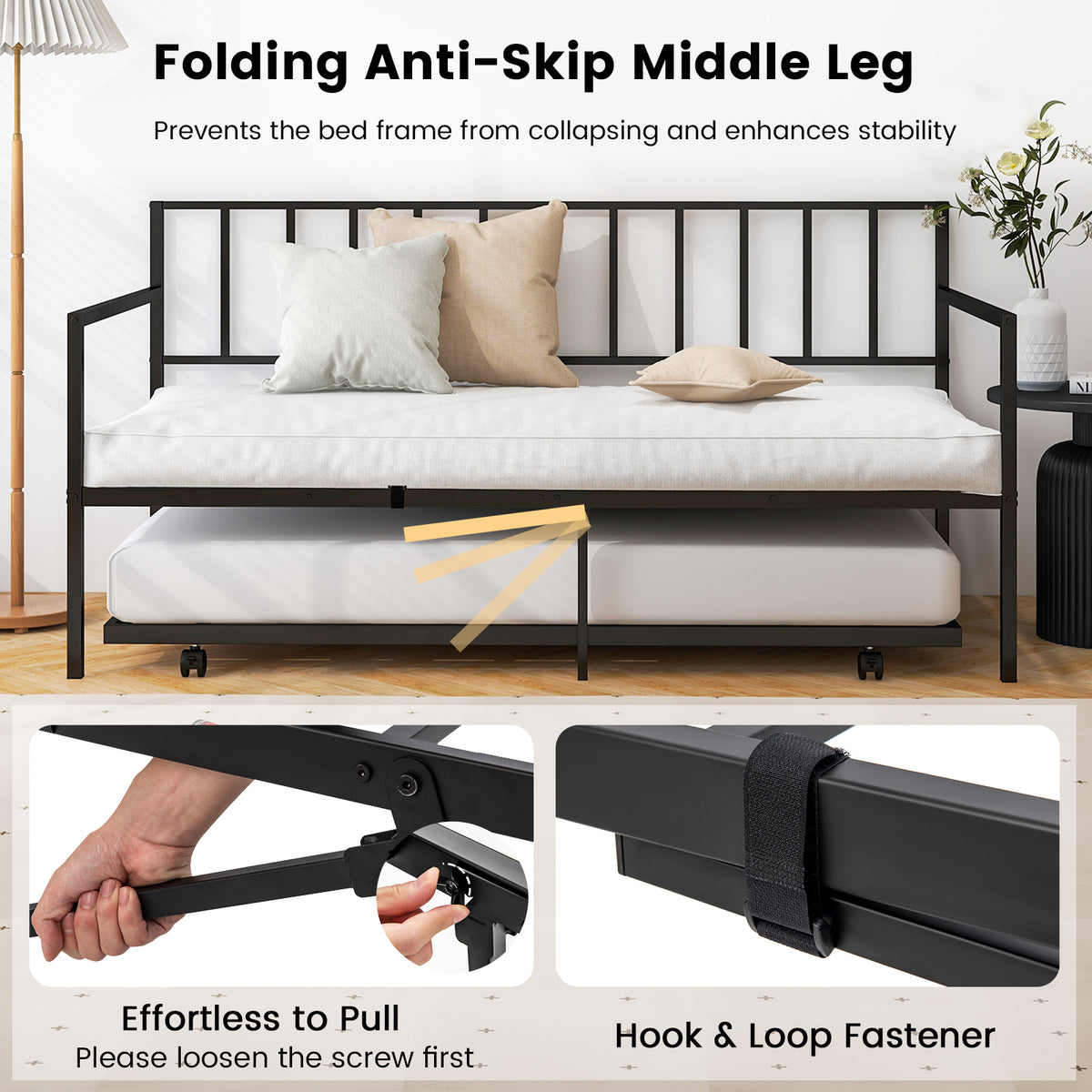 Daybed with Trundle Twin Size, Space-Saving Sofa Bed Frame with Rolling Pull-Out Bed