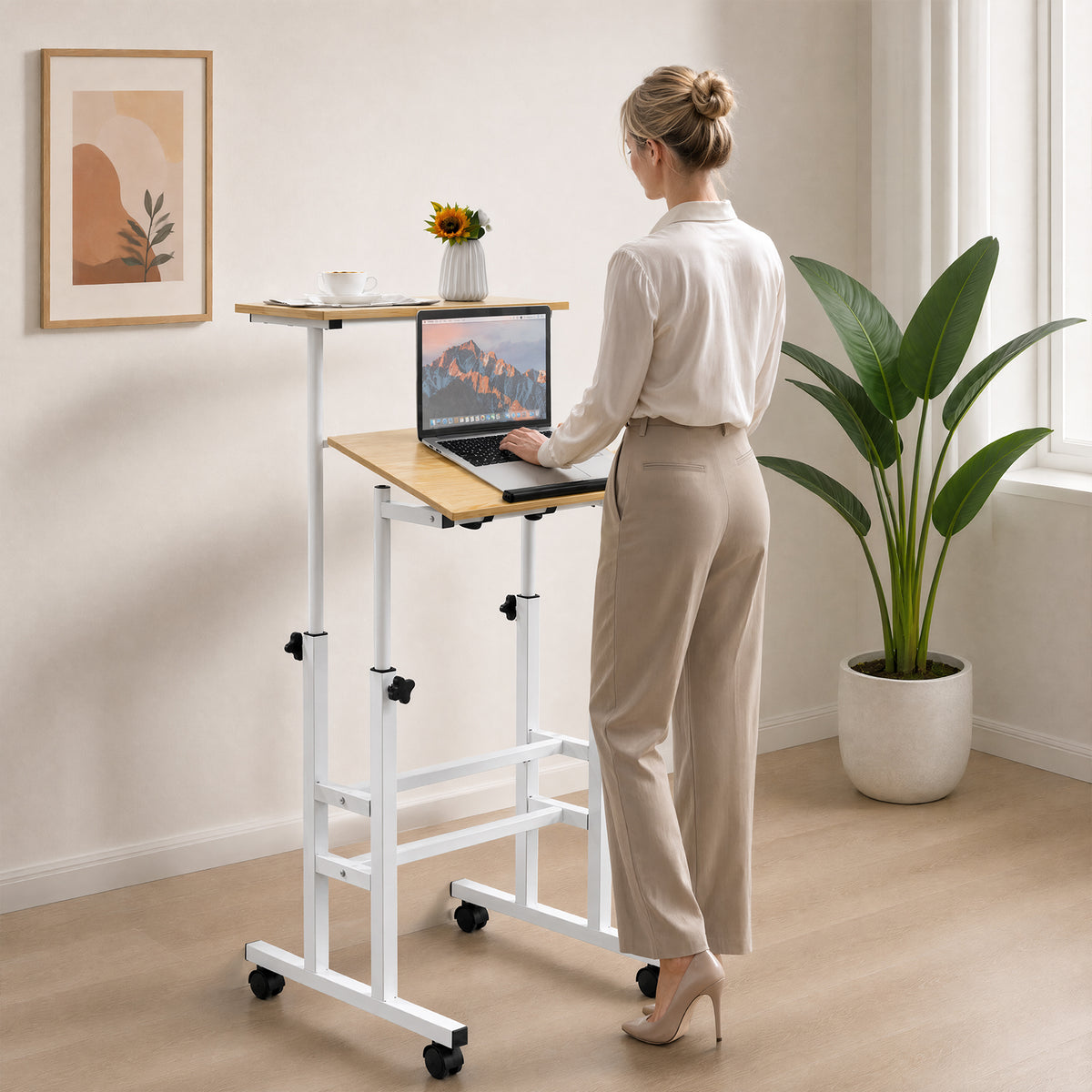 Mobile Standing Desk, Height Adjustable Stand Up Computer Workstation, 2 Split Tops