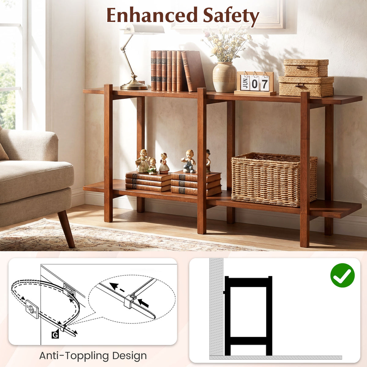 2-Tier Wood Bookshelf, Mid-Century Modern Console Table with Storage Shelf
