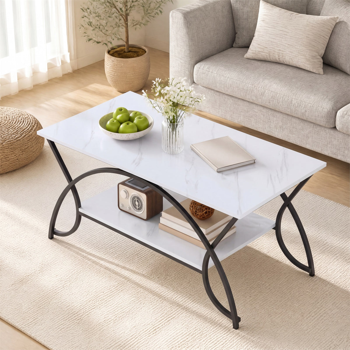 Industrial Coffee Table, 2-Tier Rectangular Center Table with Storage Shelf