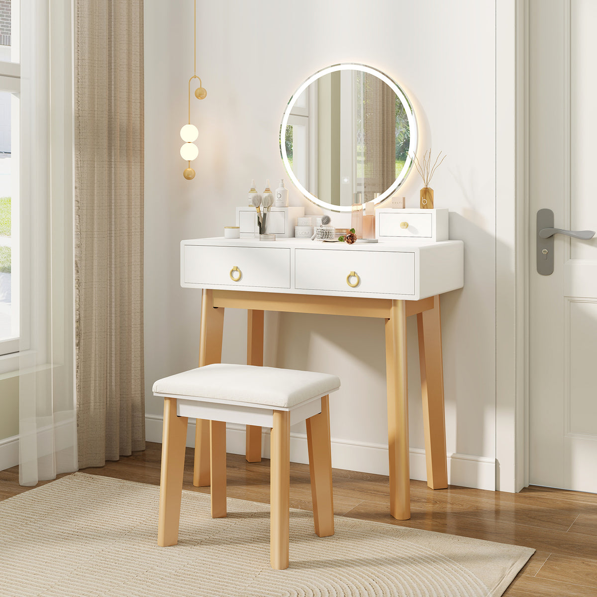 Vanity Desk Set with Lighted Mirror, Dressing Table with 3-Color LED Lights