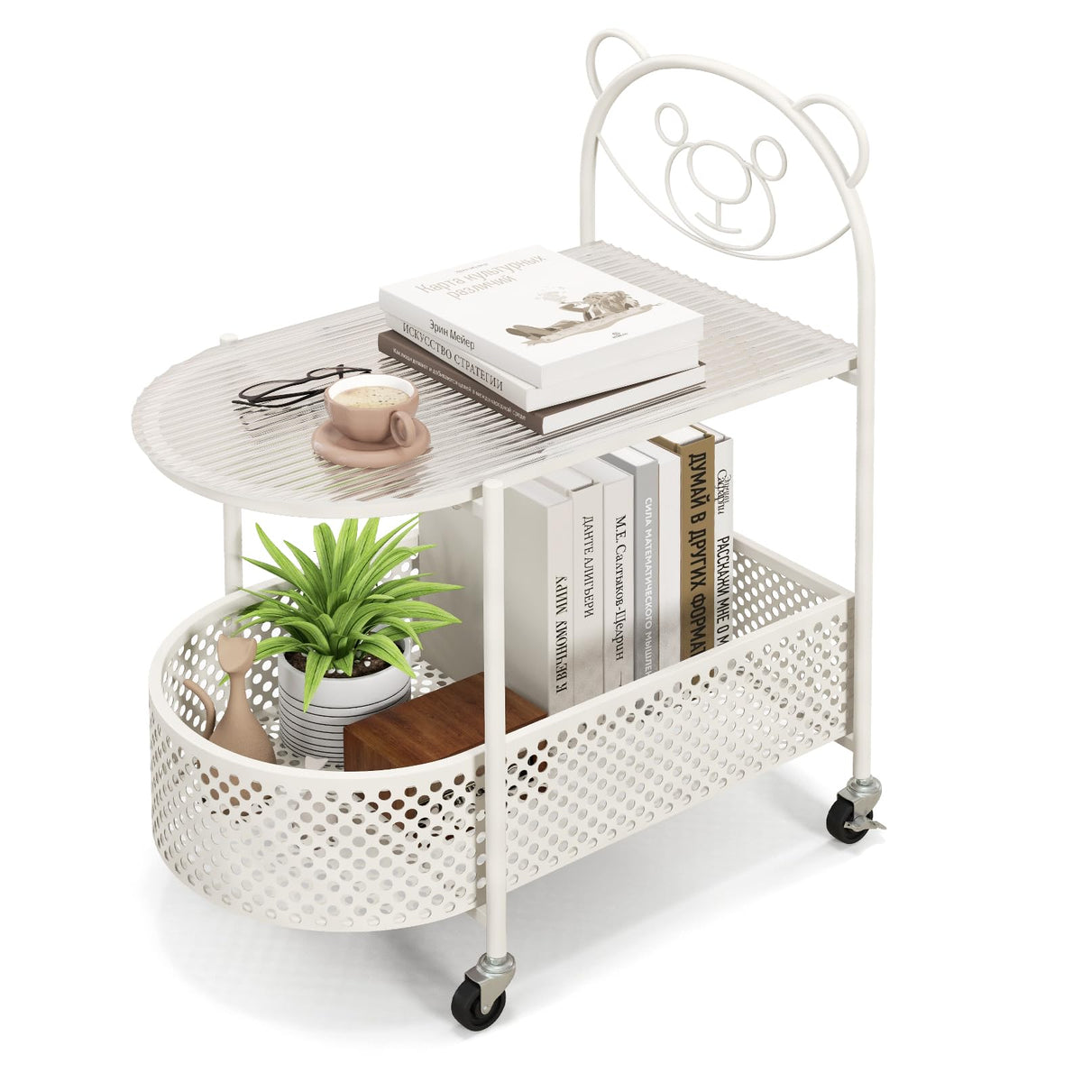 Goflame Mobile Glass Coffee Table, 2-Tier Modern Cocktail Table with Bear Pattern, Storage Basket & Metal Frame
