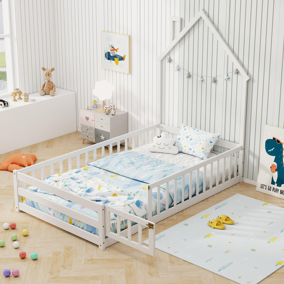 Goflame Twin Floor Bed, House-Shaped Montessori Bed Frame with Headboard, Full-Length Guardrail