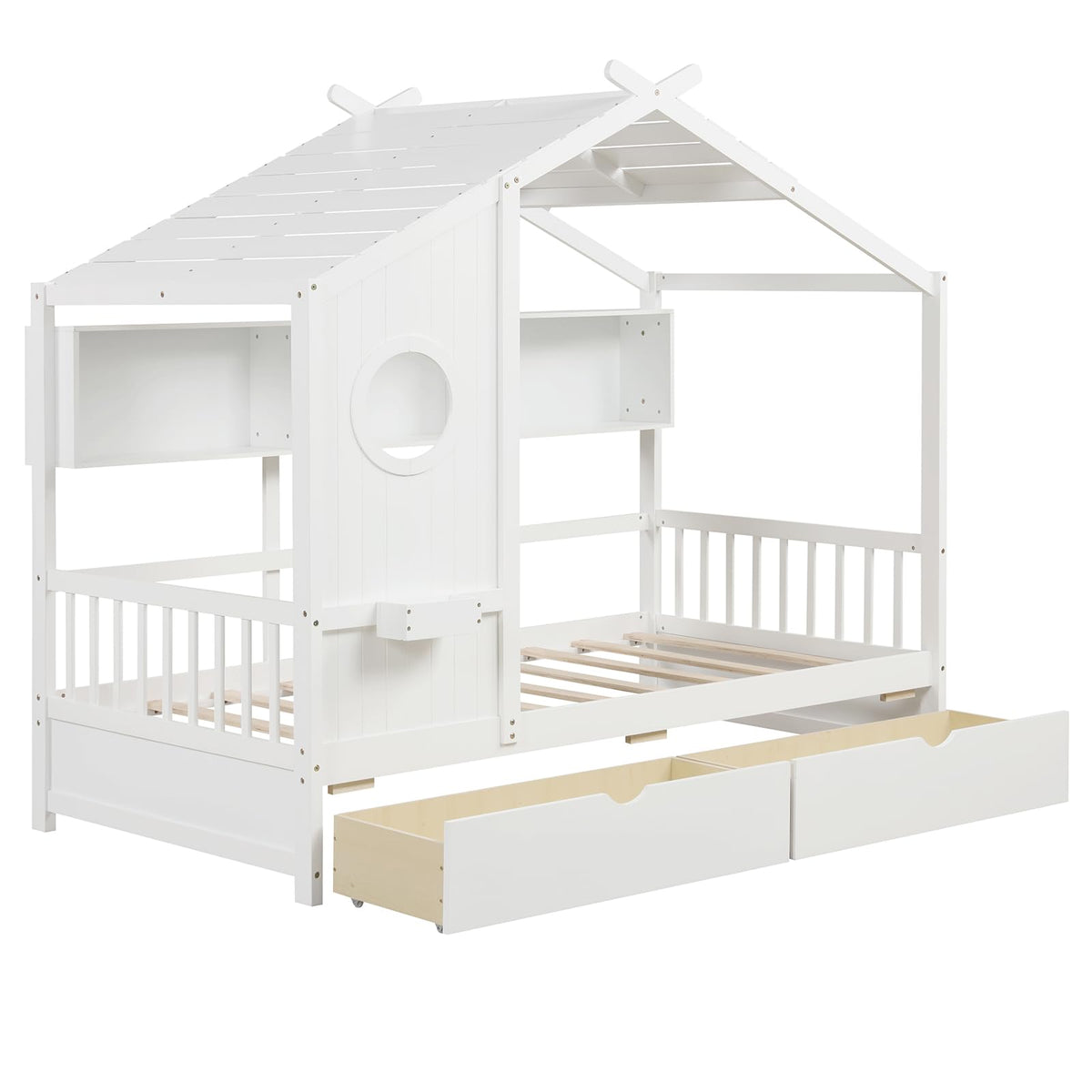 Goflame Twin House Bed with 2 Storage Drawers, Kids Bed Frame with Storage Cubes, Montessori Bed with Fence Guardrails & Roof