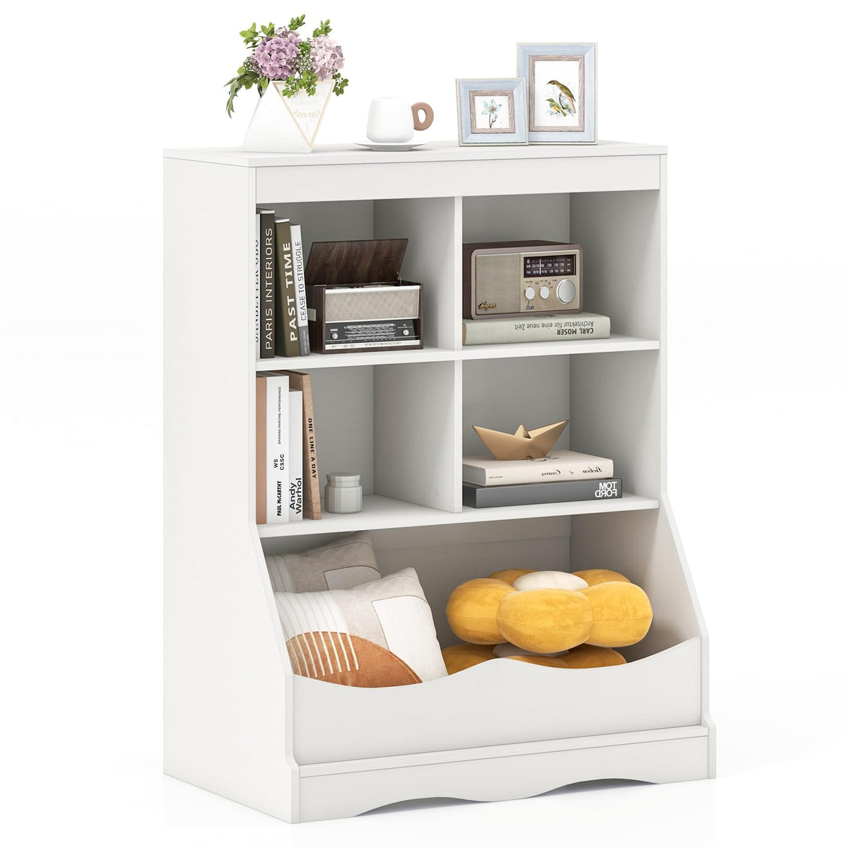 Goflame Storage Cabinet, Small Bookshelf, Short Bookcase with 4 Open Storage Cube & Bottom Compartment