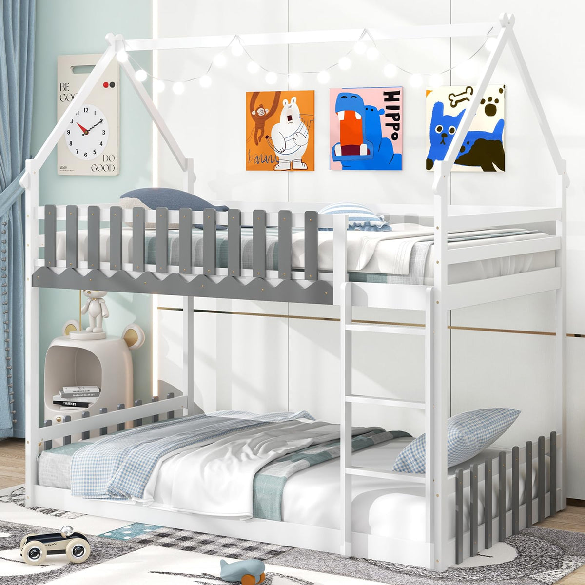 Goflame Bunk Bed Twin Over Twin, Wood House Low Bunk Bed with Ladder & Fence Safety Guardrail