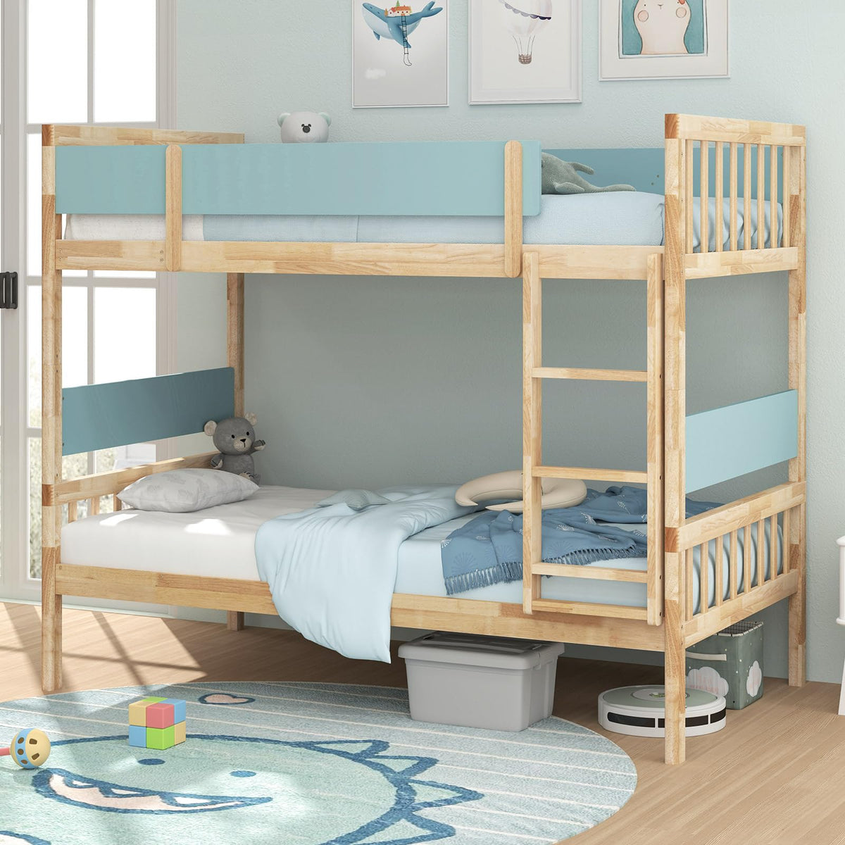 Goflame Wood Bunk Bed Twin Over Twin, Solid Wood Bunk Bed Frame with Ladder & Safety Guardrails