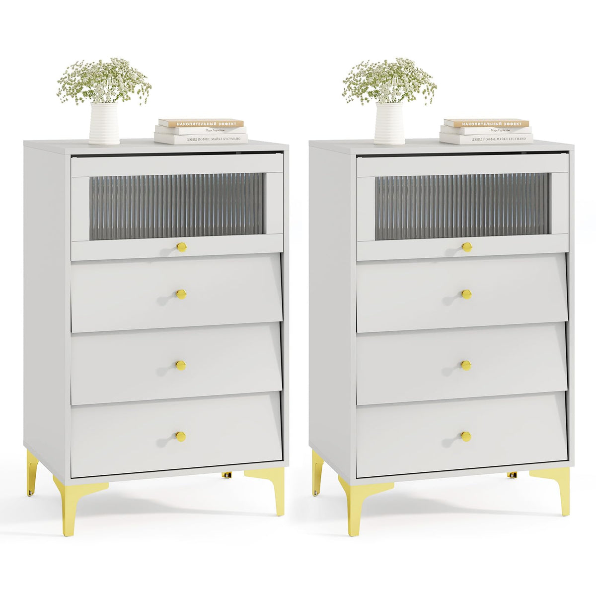 Goflame 3 Drawer Dresser, Modern Storage Cabinet w/Flip Up Fluted Glass Door & Pull-Out Drawers