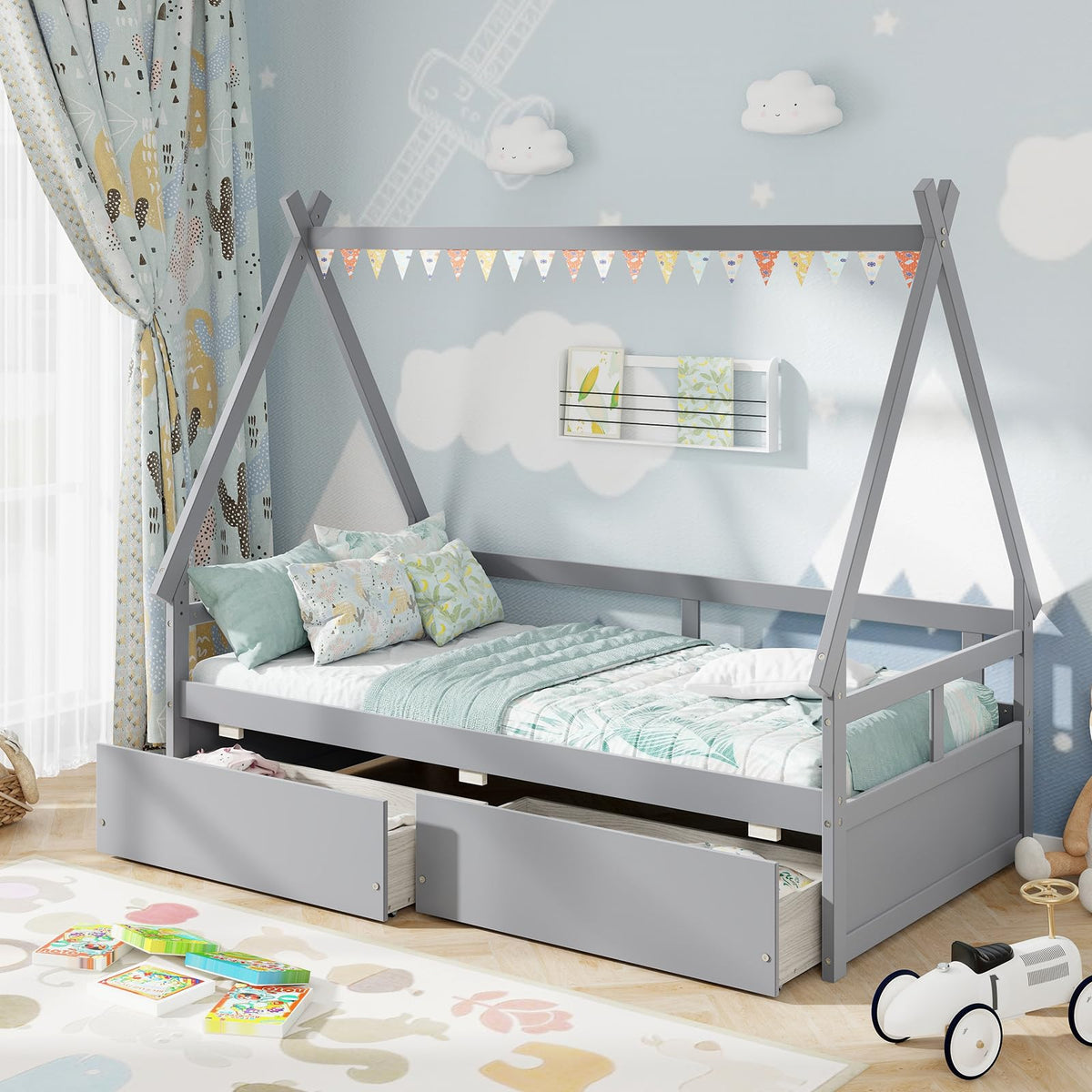 Goflame Twin Bed with 2 Storage Drawers, Wood Montessori House Tent Bed Frame with Safety Guardrail