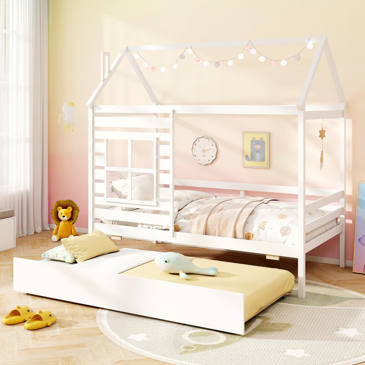Goflame Twin House Bed with Trundle Bed Twin, Wooden Twin Bed Frames with Roof, Chimney & Window