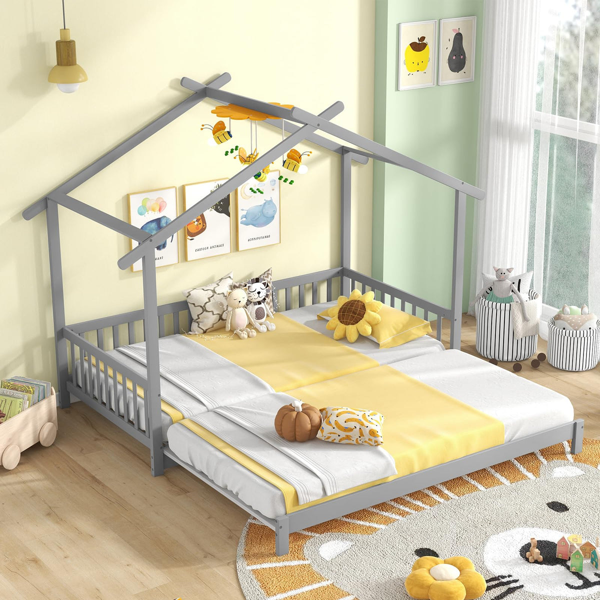Goflame Extendable House Bed for Kids, Twin to King Daybed with Roof & Fence Rails, Wood Kids Bed Frame for Teens