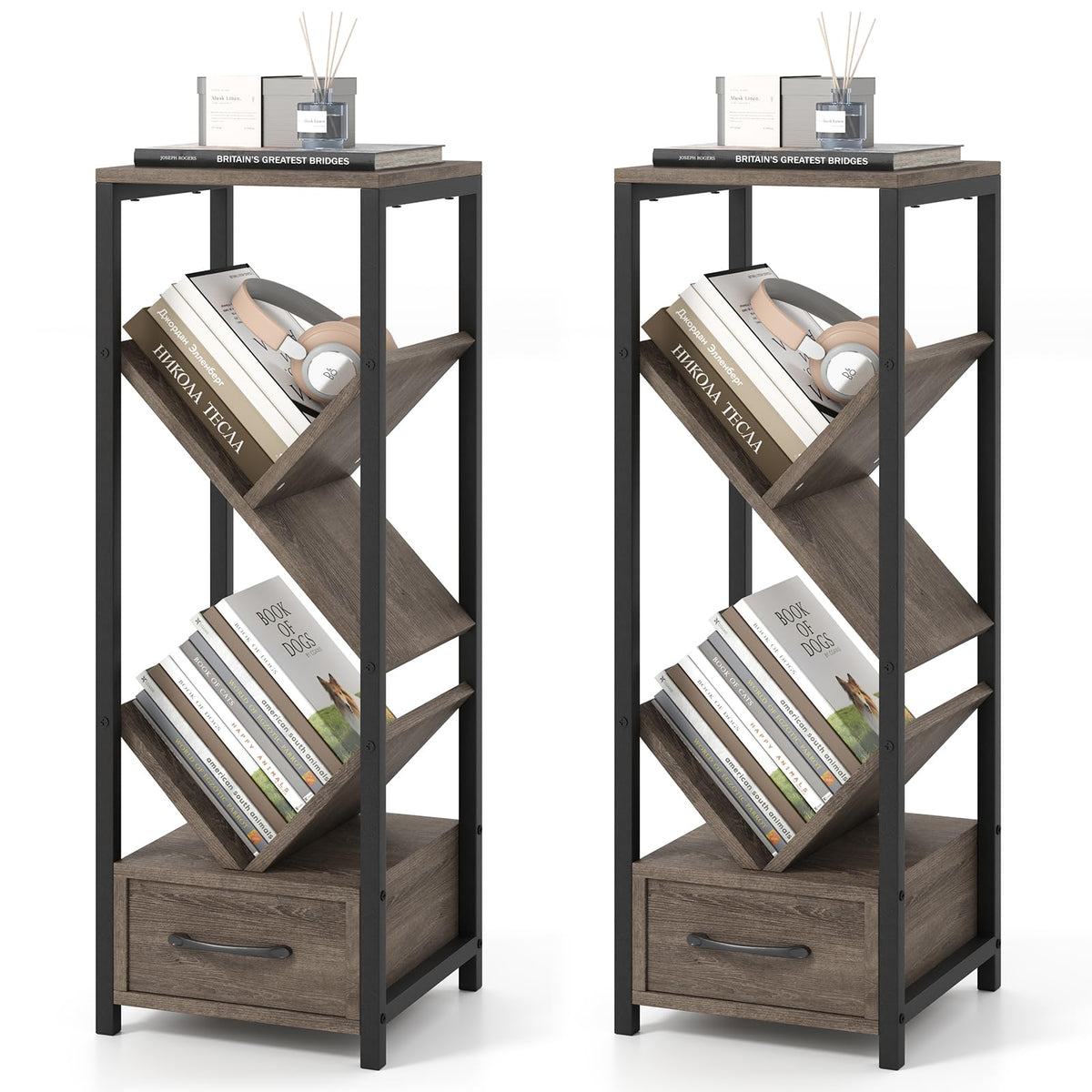 Goflame Tree Bookshelf with Drawer, 4-Tier Narrow Bookcase with Metal Frame, Tall Floor Standing Storage Organizer for Small Space