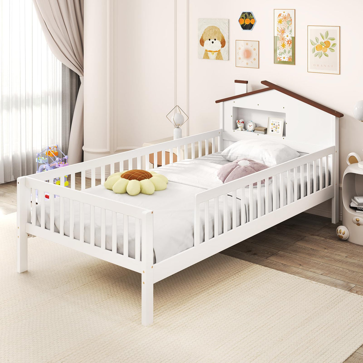Goflame Twin Bed Frames for Kids, Solid Wood Montessori Bed with House-Shaped Headboard & Built-in Storage Shelf