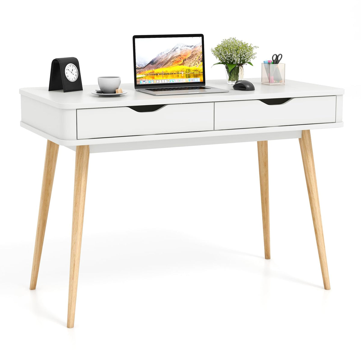 Goflame Mid-Century Desk with 2 Drawers, 43.5" Writing Study Desk with Solid Rubber Wood Legs