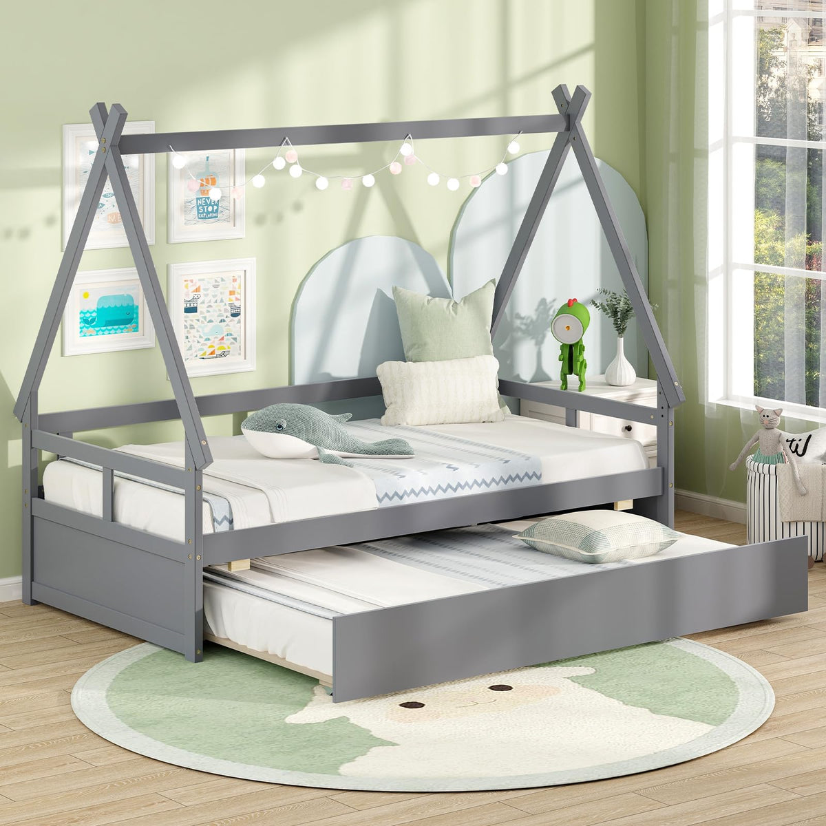 Goflame Twin House Bed with Trundle, Wood Montessori Tent Bed Frame with Safety Guardrail
