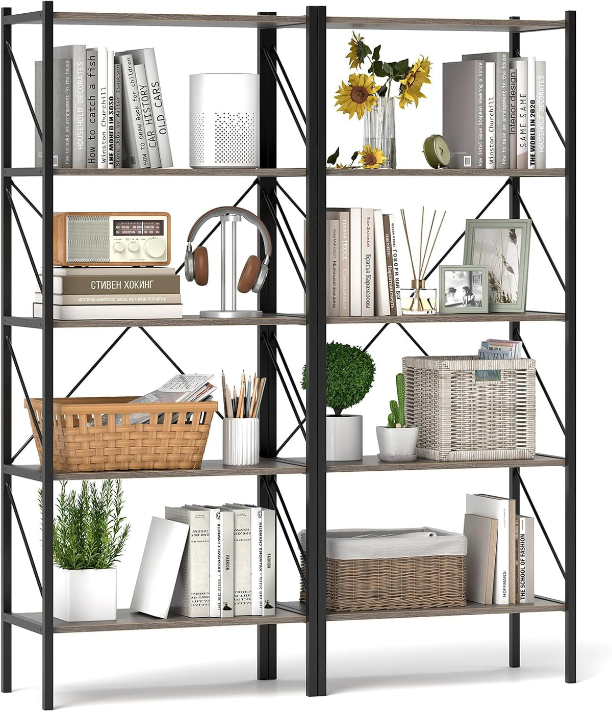 Goflame 5-Tier Bookshelf, Industrial Tall Bookcase with Open Storage Shelves & Heavy Duty Metal Frame