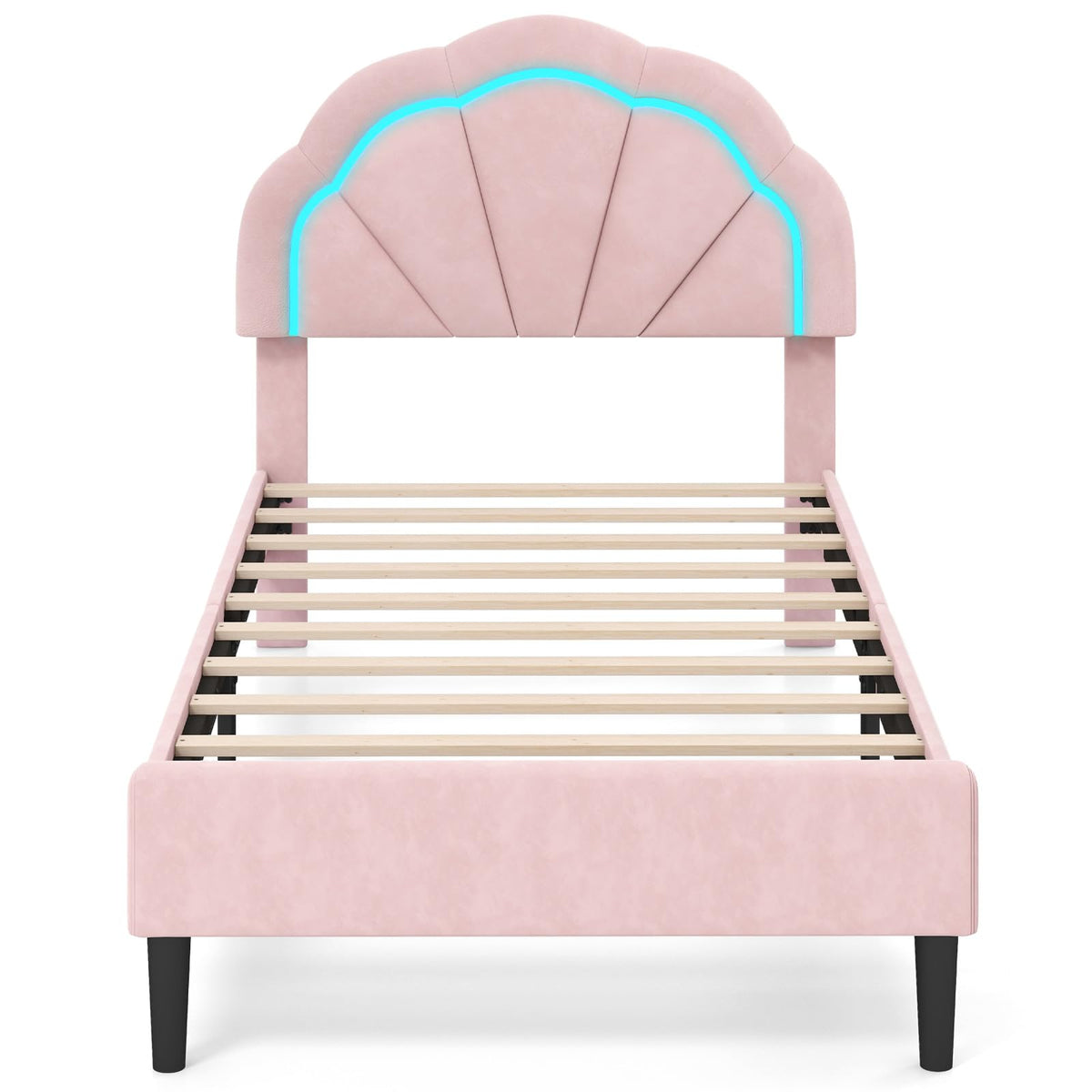 Goflame Full Size LED Bed Frame, Velvet Upholstered Full Platform Bed with Adjustable Cloud Headboard