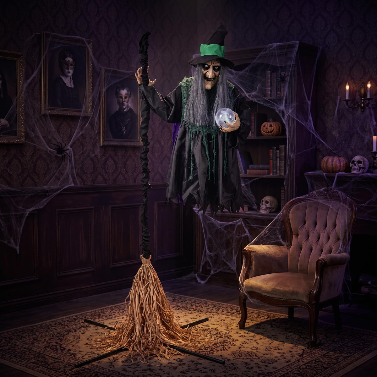 Witch with Broomstick Halloween Animatronic, Life Size Animated Halloween Prop with Laughing and Screaming Sound