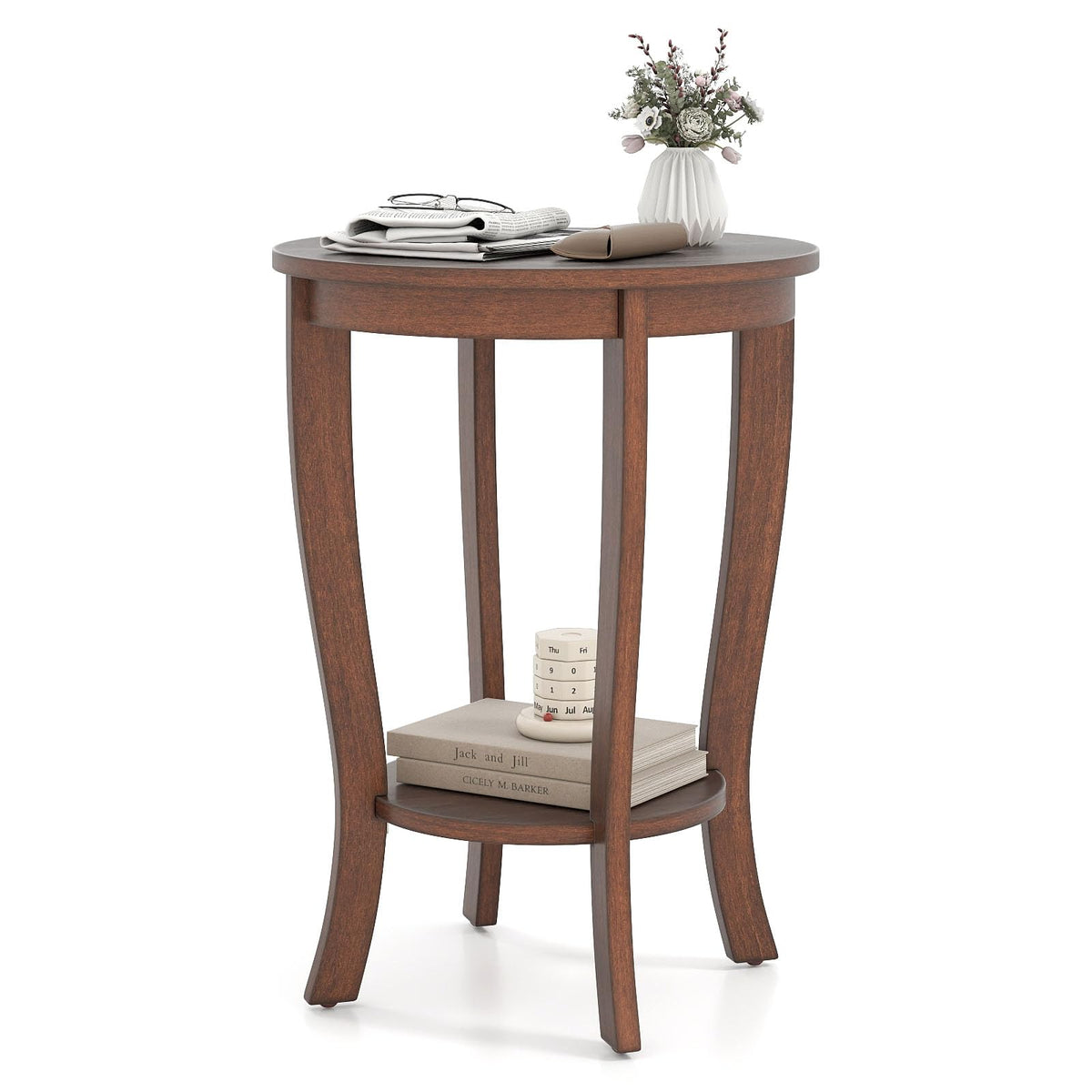 Goflame Round End Table with Storage Shelf Set of 2, Retro Nightstand with Solid Wood Legs, 24.5" Accent Table for Small Spaces