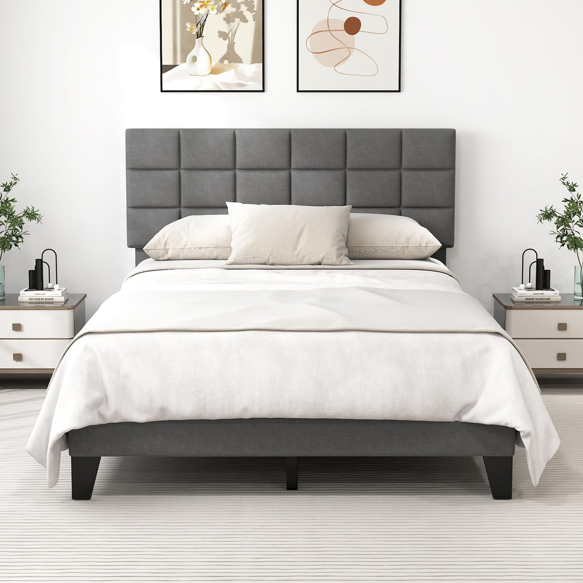 Goflame Full Size Platform Bed, Linen Fabric Upholstered Bed Frame with Adjustable Headboard & Wooden Slat Support