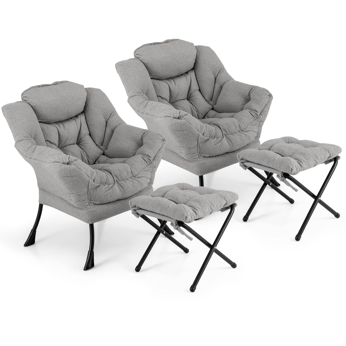 Goflame Set of 1/2 Lazy Chair with Folding Ottoman, Modern Sherpa Accent Chair w/Armrests & Pocket