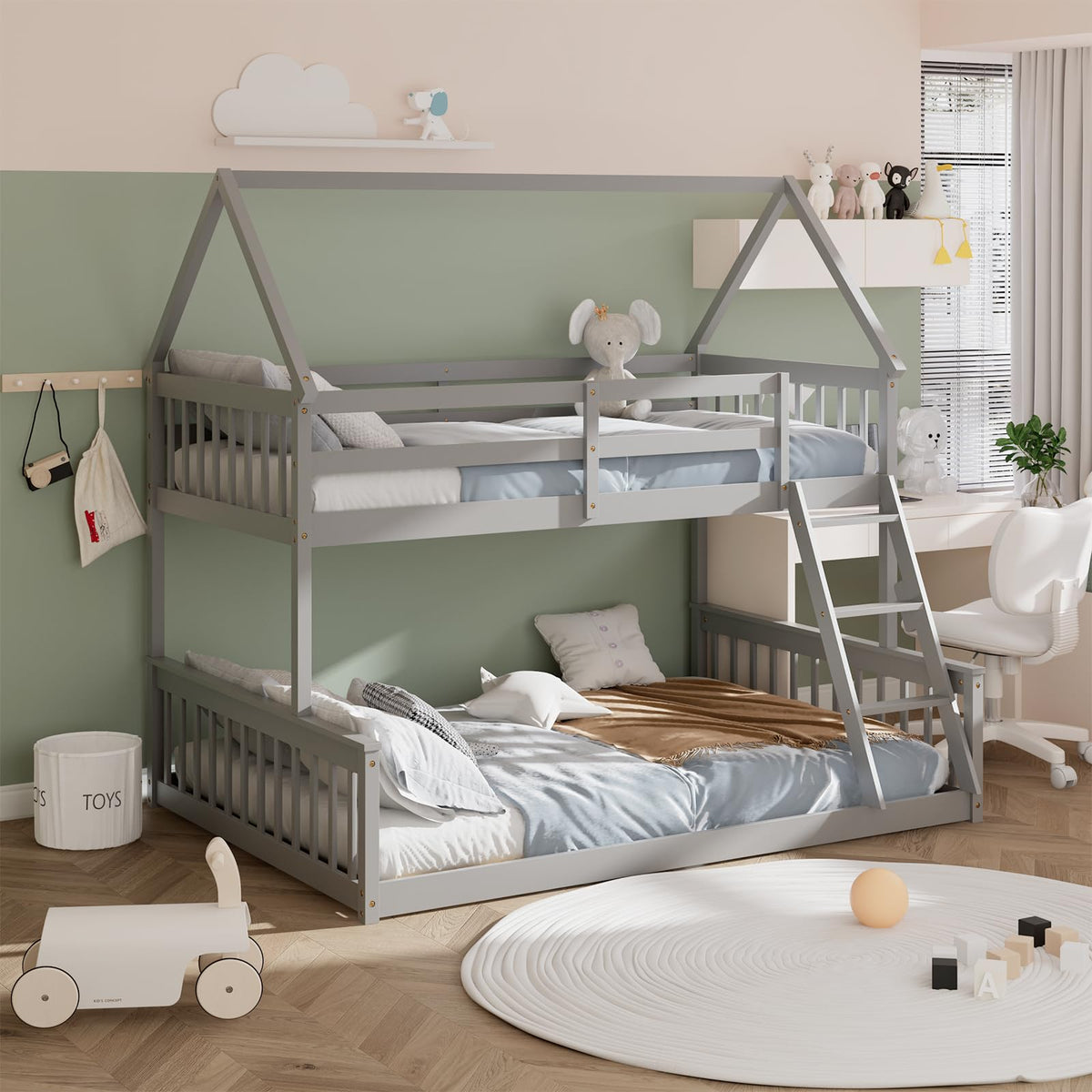 Goflame Twin Over Full House Bunk Bed, Floor Low Bunk Bed Frame w/Integrated Ladder & Safety Guardrails