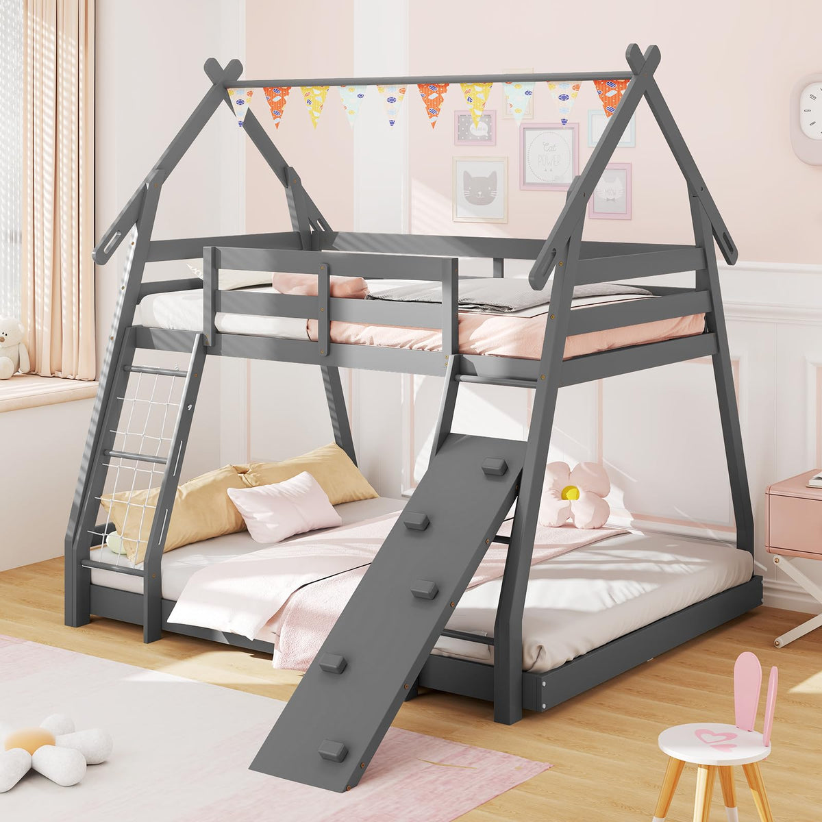 Goflame Twin Over Queen Bunk Bed, Wood House Bunk Bed for Kids with Climbing Nets and Ramp