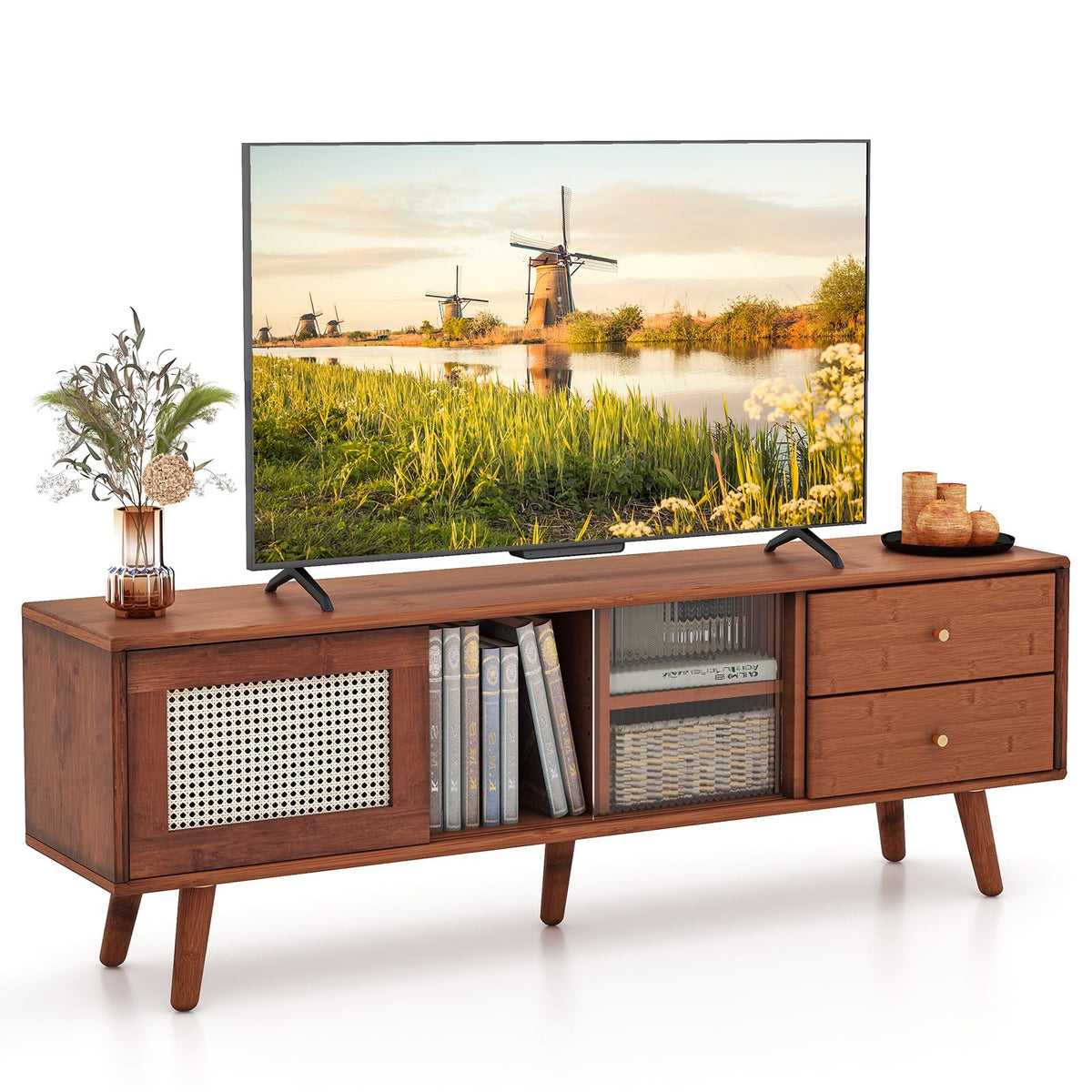 Goflame Bamboo TV Stand for 55 60 65 Inch TV, PE Rattan Entertainment Center with Sliding Doors