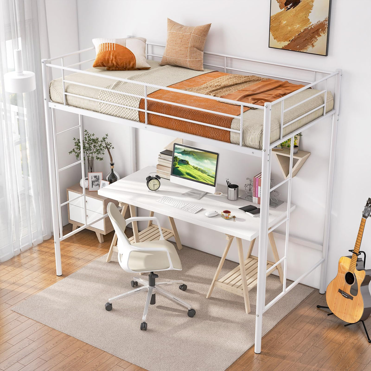 Goflame Metal Loft Bed Twin Size, Heavy Duty Metal Loft Bed Frame