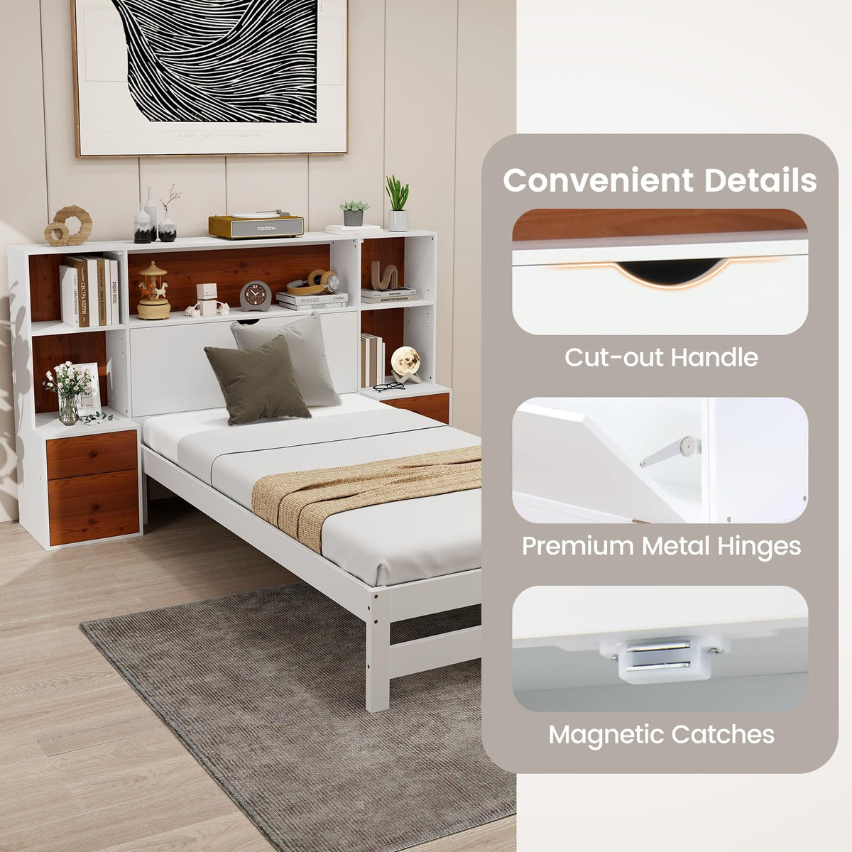 Goflame Twin Bed Frames with Headboard and Drawer