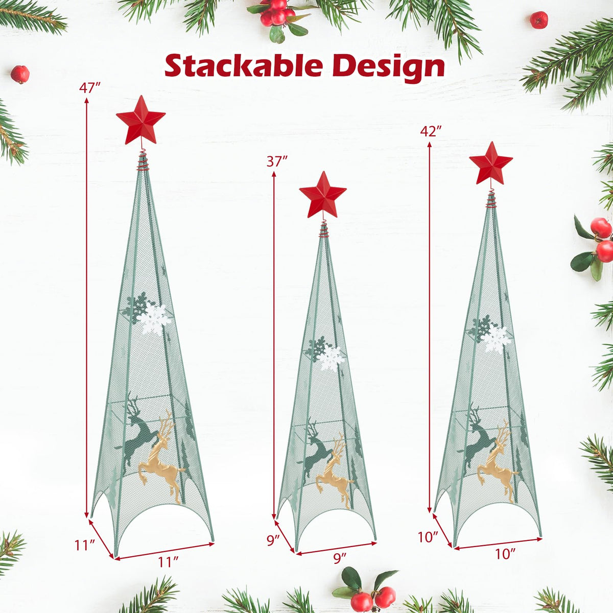 Goflame Set of 3 Tower Shaped Christmas Trees (3ft/3.5ft/4ft), Artificial Xmas Metal Trees with Removable Star Toppers & Reindeer