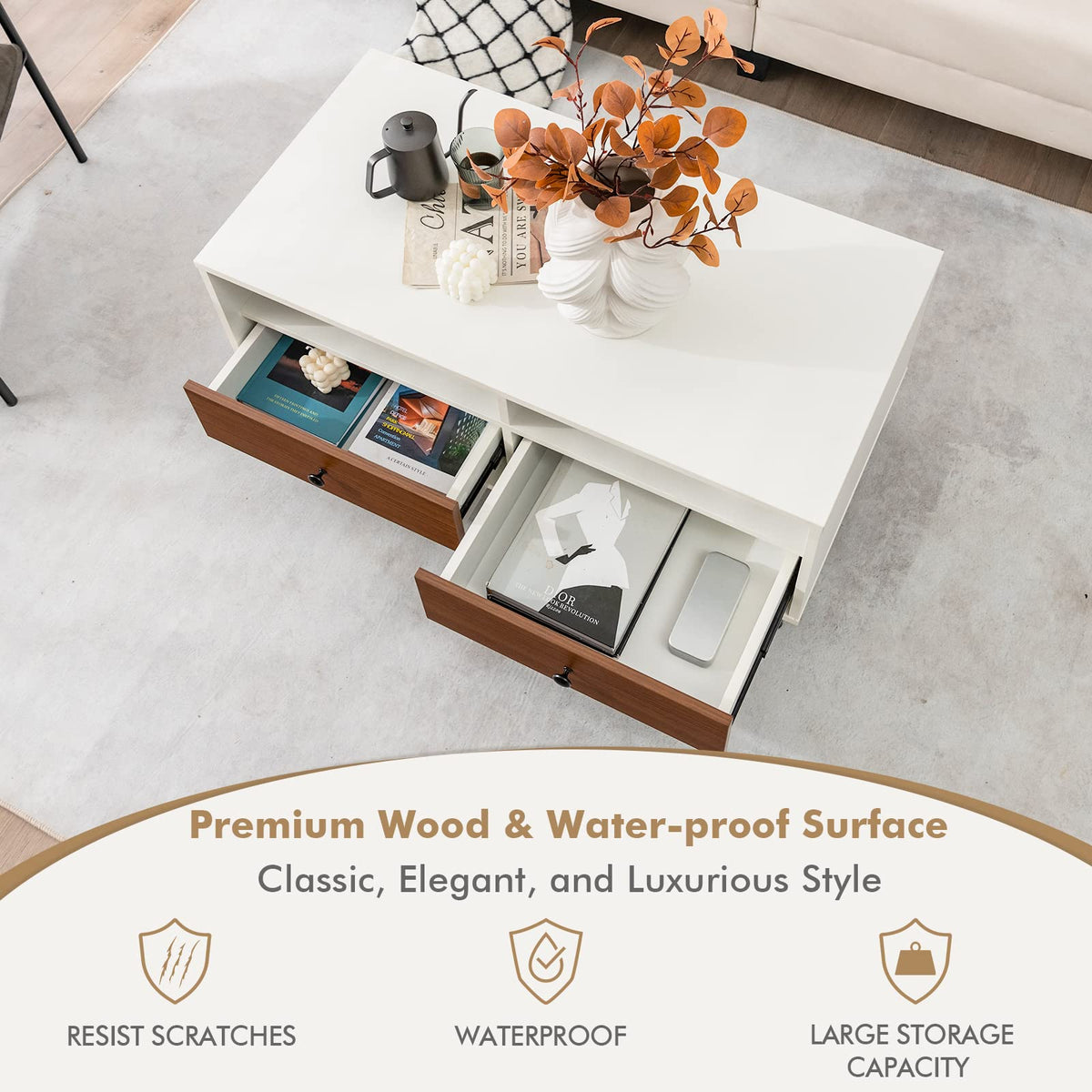 Goflame Rectangular Coffee Table with Storage, 2 Tier Wood Tea Table with 2 Drawers
