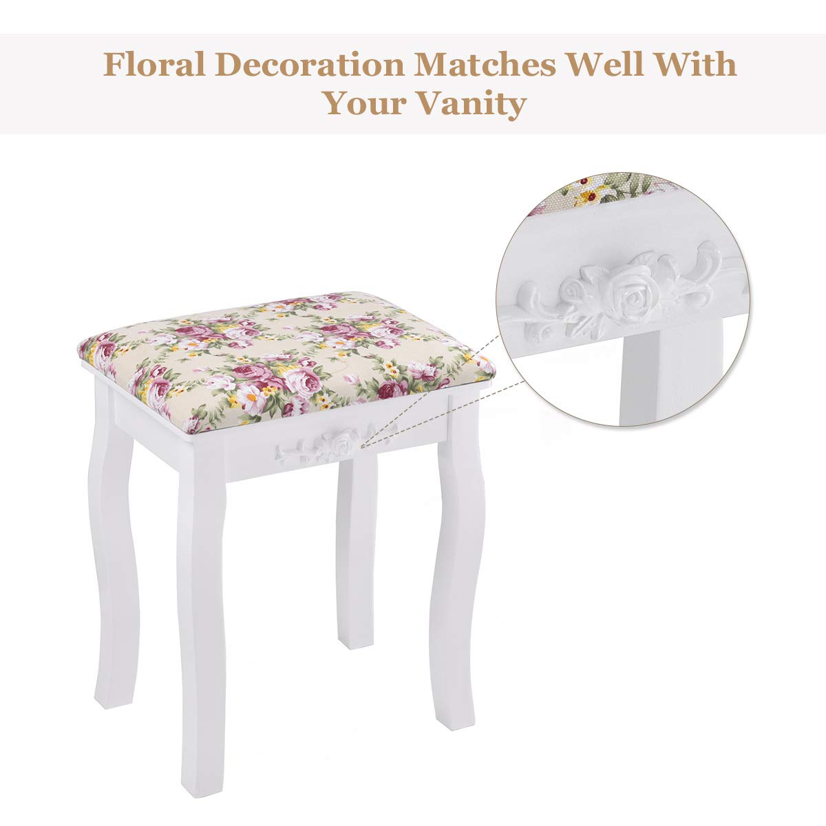 Vanity Stool, Rose Pattern Makeup Dressing Stool with Solid Wood Legs, Vanity Bench with Padded Cushioned Chair