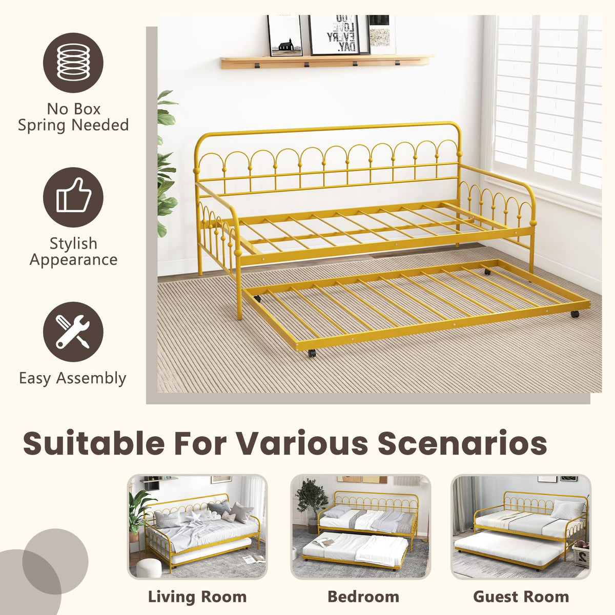 Goflame Twin Daybed with Trundle Gold, Metal Day Bed with Convenient Pull-Out Trundle Bed