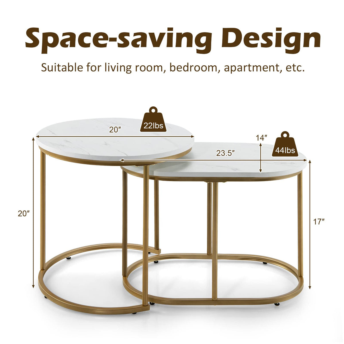 Goflame Modern Nesting Coffee Table Set of 2, Accent Marble Look Stacking Side Table for Living Room Bedroom