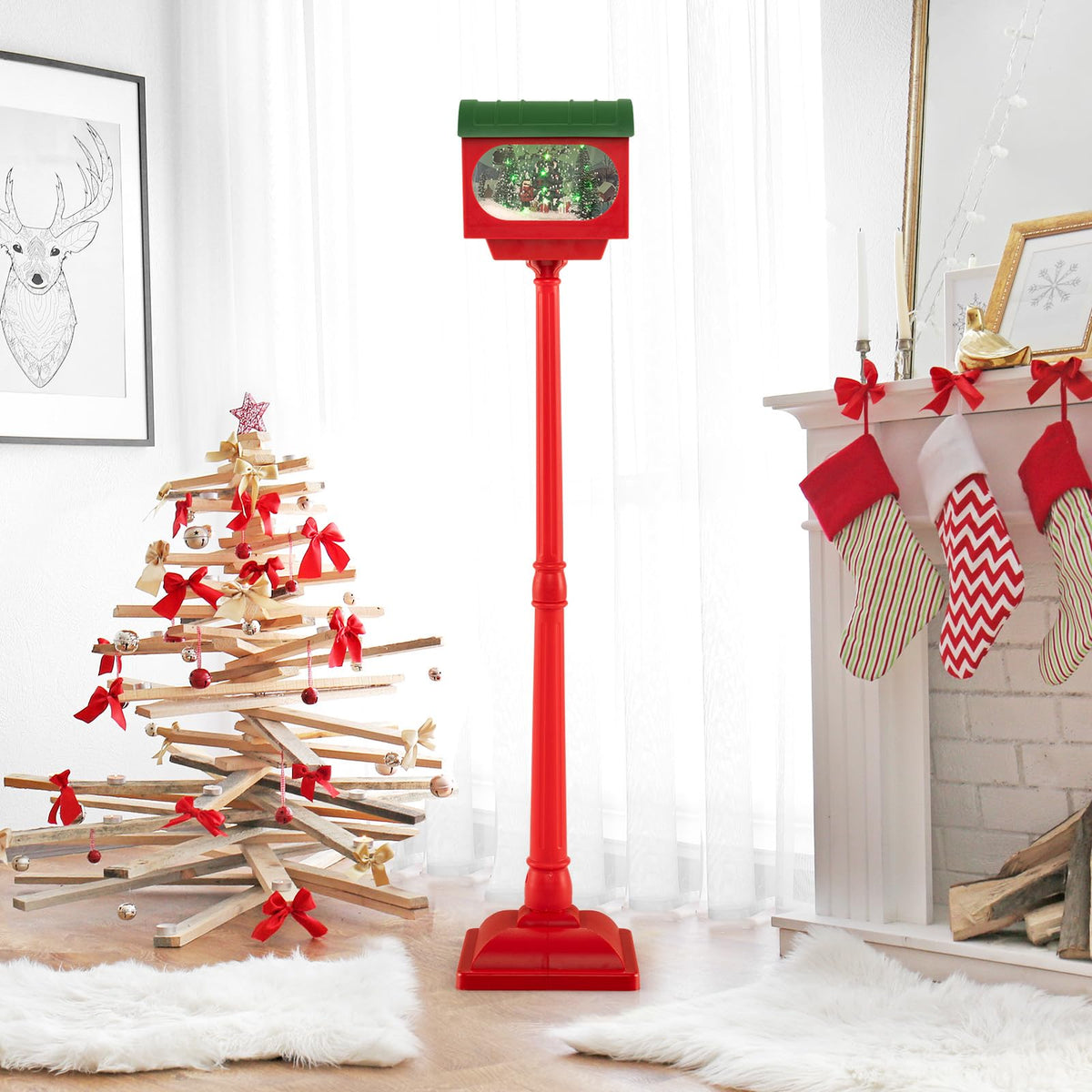 Goflame 59 Inch Musical Christmas Street Lamp, Festive Lamp Post w/Sound-Activated Snow Globe Lantern