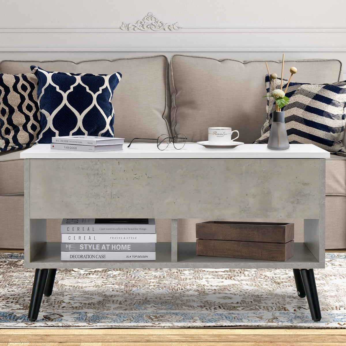 Goflame Lift Top Coffee Table, Modern Cocktail Table w/Hidden Compartment & 2 Open Shelves