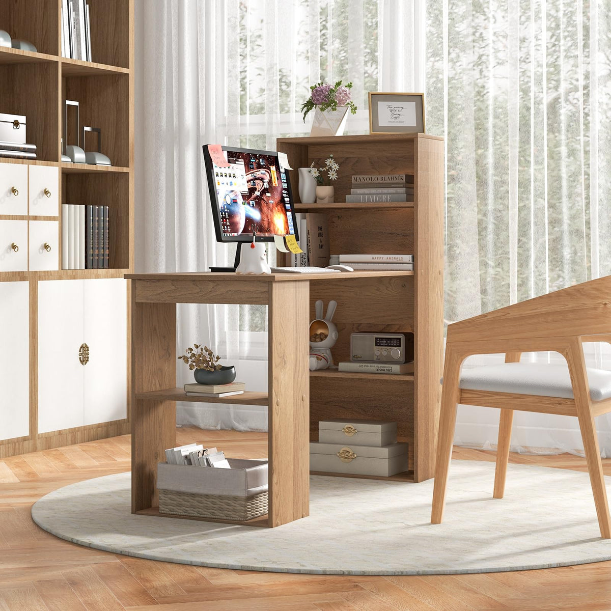Goflame 48 Inch Computer Desk with Bookshelf, 3-in-1 Home Office Desk with 4-Tier Bookcase & CPU Stand