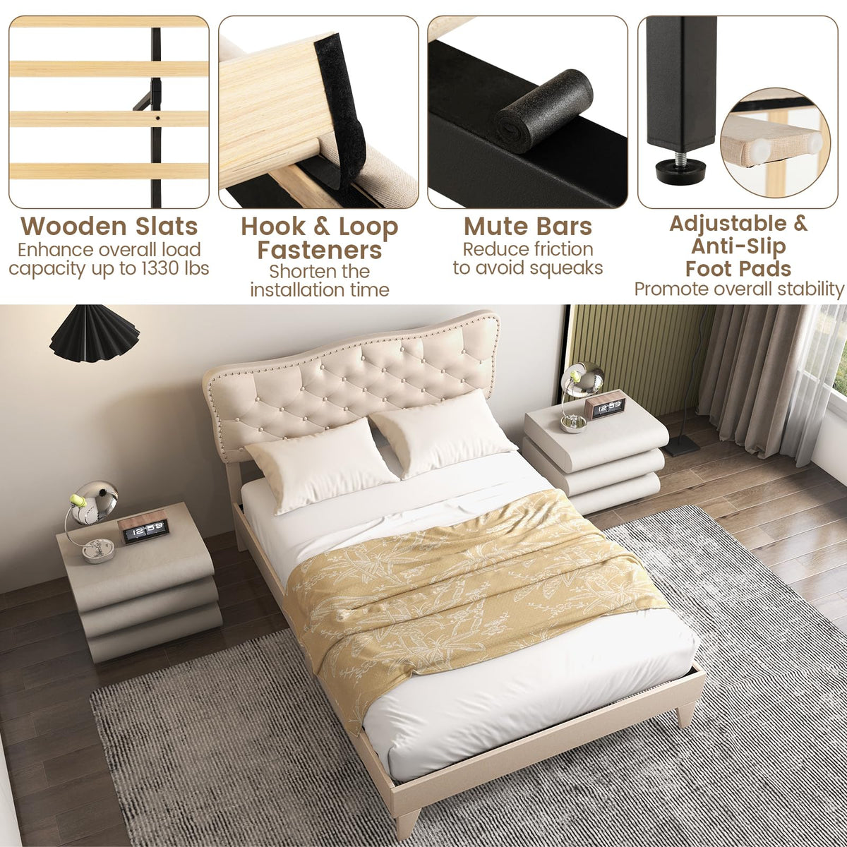 Goflame Full Size Bed Frame Beige, Linen Fabric Upholstered Platform Bed Frame with Nail Headboard