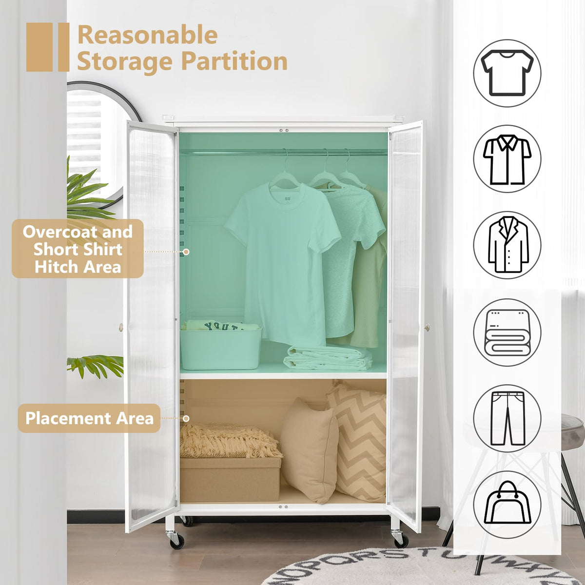 Portable Closet with Rollers, Mobile Metal Armoire Closet with Hanging Rod