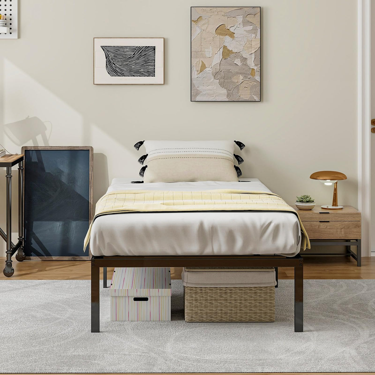 Goflame Twin Bed Frame, 14 Inch Metal Platform Bed with Under Bed Storage Space, Heavy-Duty Steel Slat Mattress Foundation