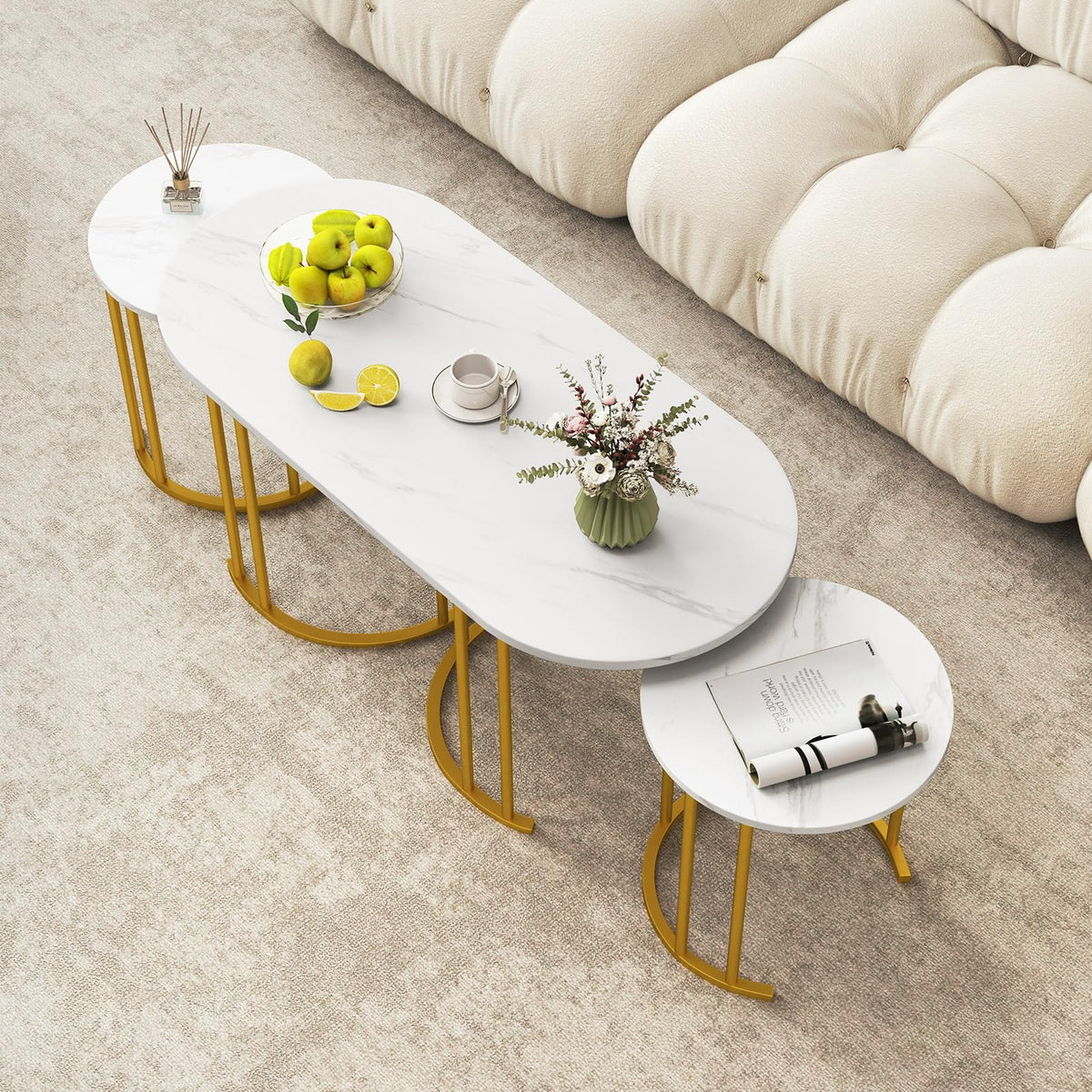 Goflame Nesting Coffee Table Set of 3, Stacking Side Tables with Faux Marble Tabletop & Gold Metal Frame
