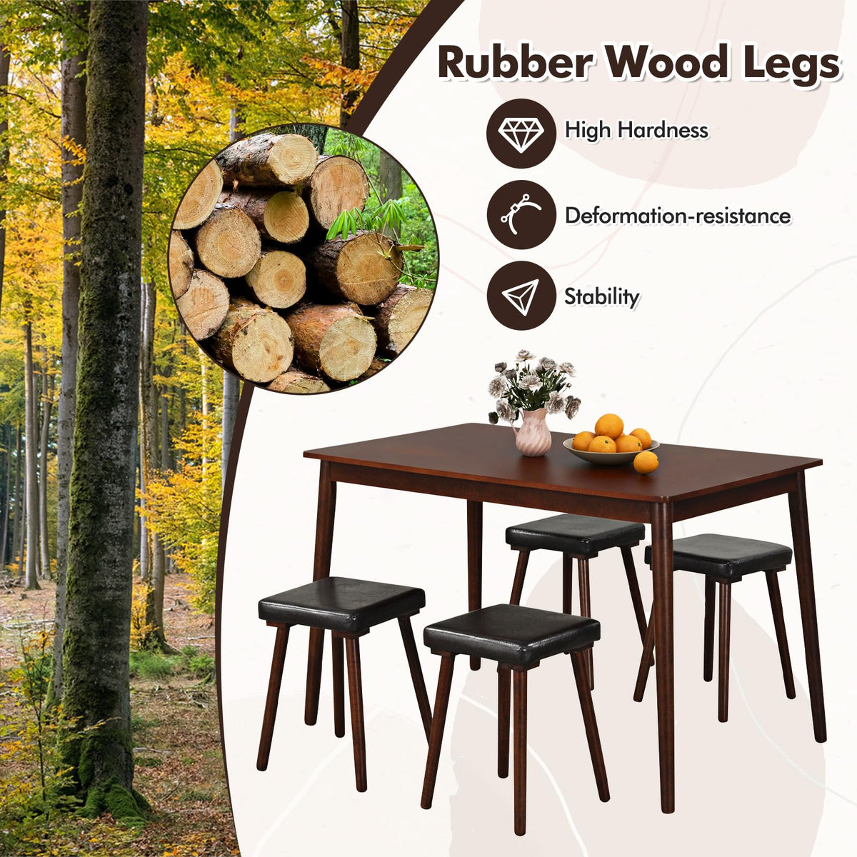 Goflame 5-Piece Dining Table Set for 4 - Dining Table with 4 Upholstered Stools, Rubber Wood Legs